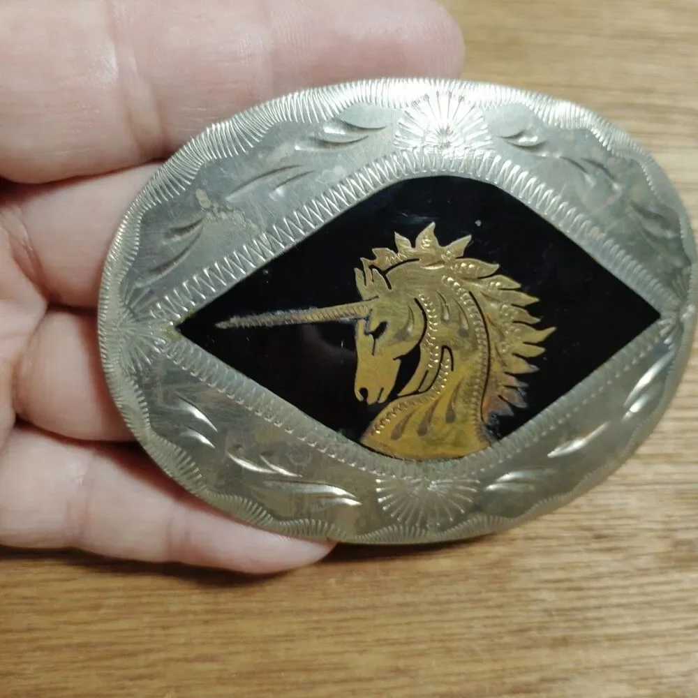Vintage Unicorn Oval Belt Buckle Silver Tone USA Mystical Fantasy Magical Carved